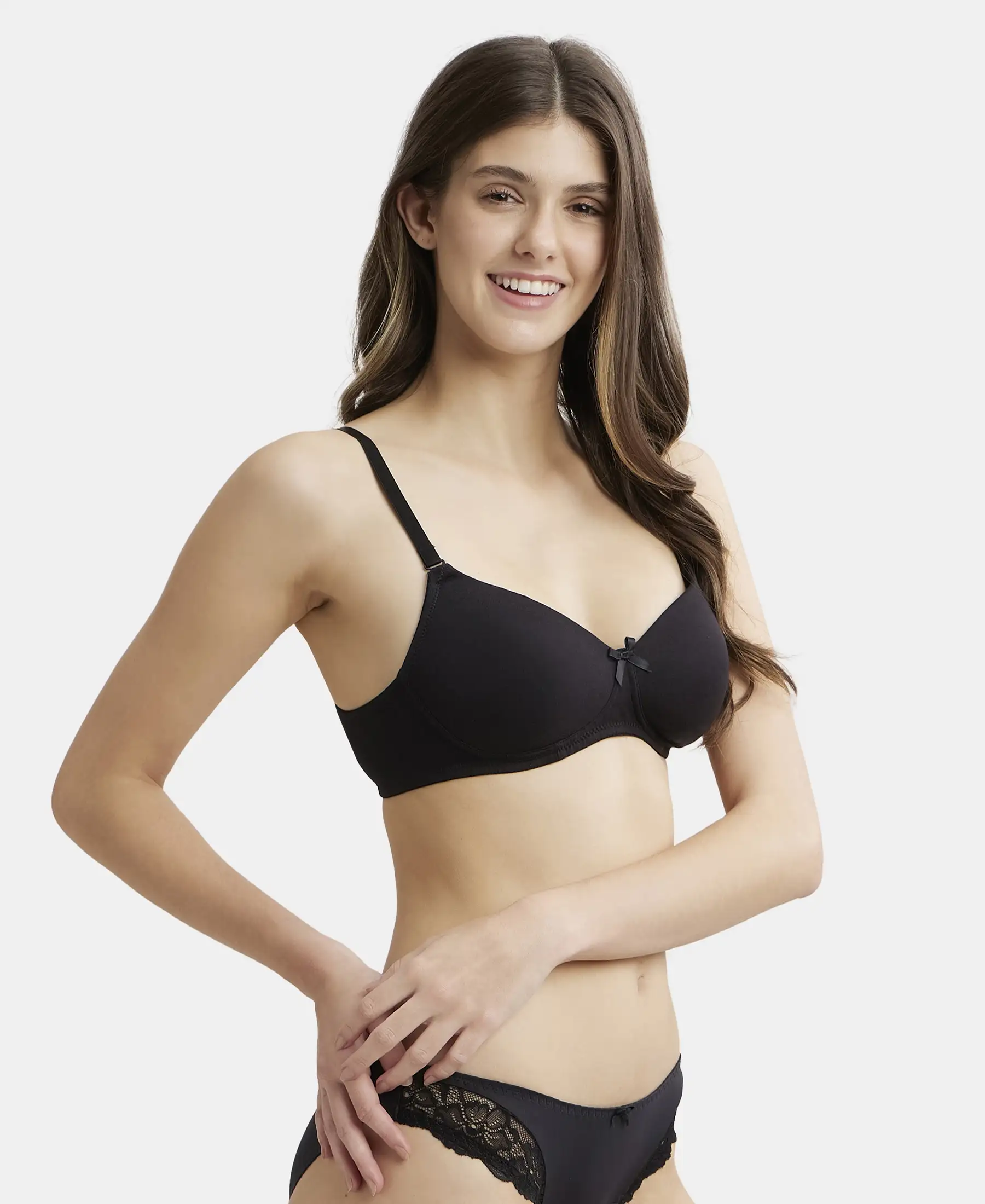 Wirefree Padded Super Combed Cotton Elastane Stretch Medium Coverage T-Shirt Bra with Detachable Straps - Black - Image 6