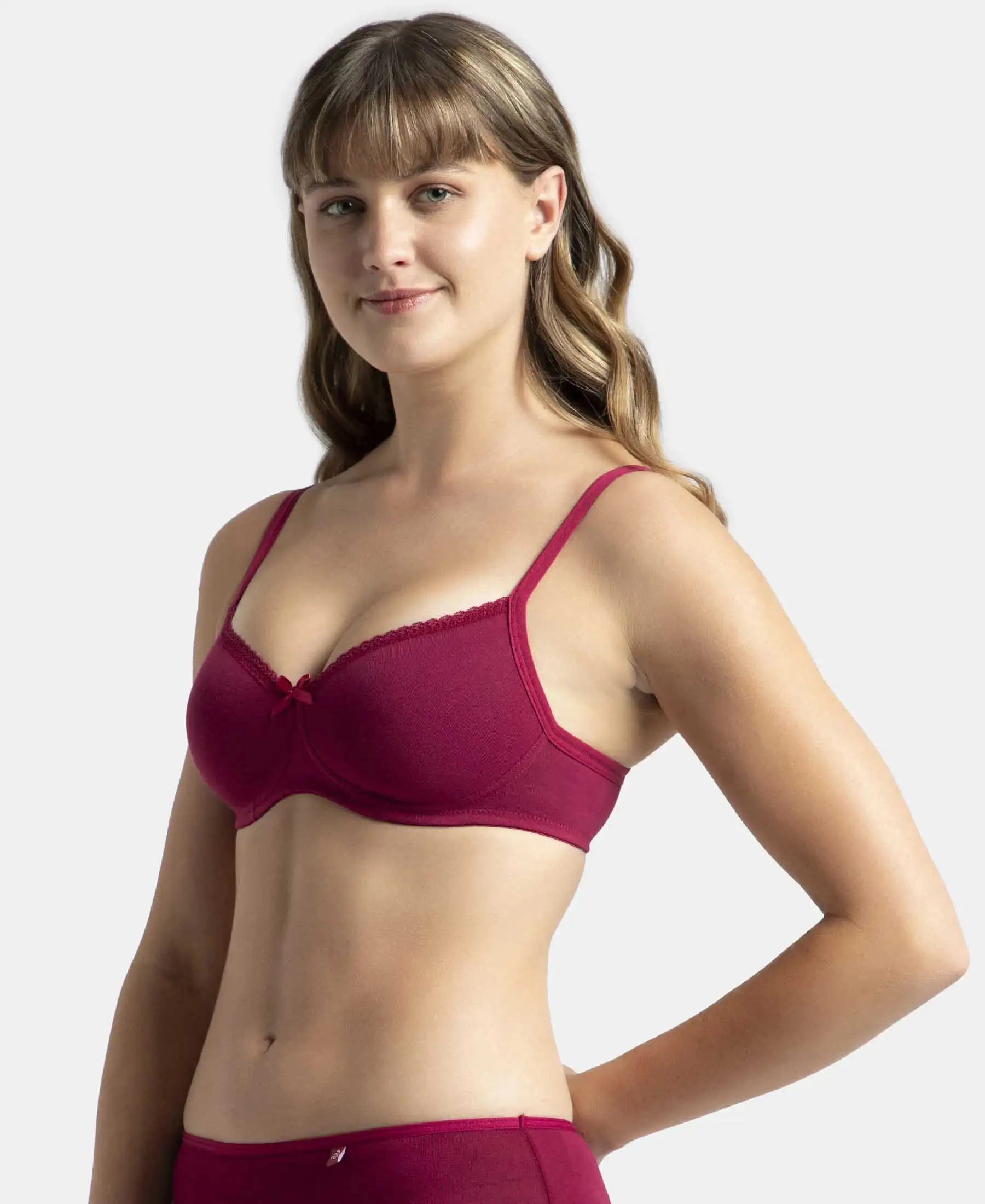Wirefree Padded Super Combed Cotton Elastane Stretch Medium Coverage T-Shirt Bra with Lace Styling - Beet Red - Image 6