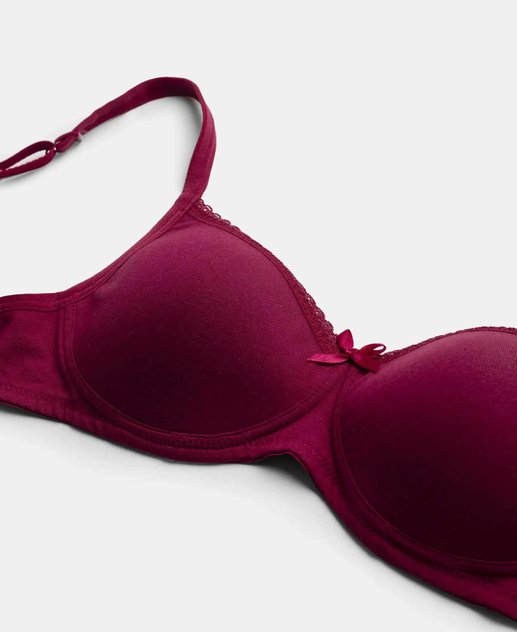 Wirefree Padded Super Combed Cotton Elastane Stretch Medium Coverage T-Shirt Bra with Lace Styling - Beet Red - Image 7