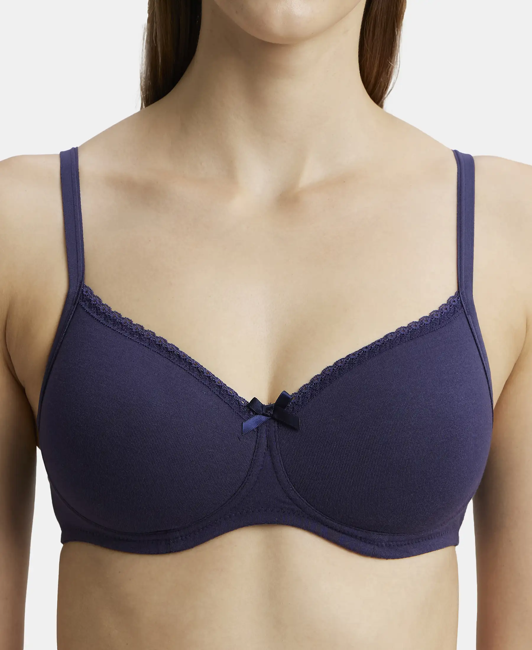 Wirefree Padded Super Combed Cotton Elastane Stretch Medium Coverage T-Shirt Bra with Lace Styling - Classic Navy - Image 7