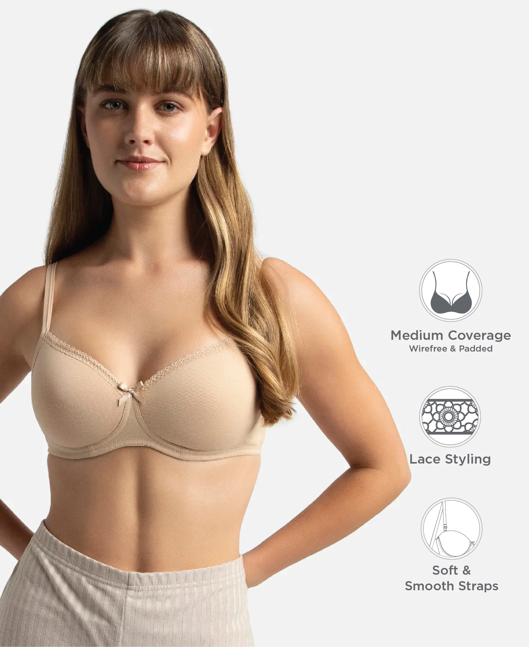 Wirefree Padded Super Combed Cotton Elastane Stretch Medium Coverage T-Shirt Bra with Lace Styling - Light Skin - Image 2