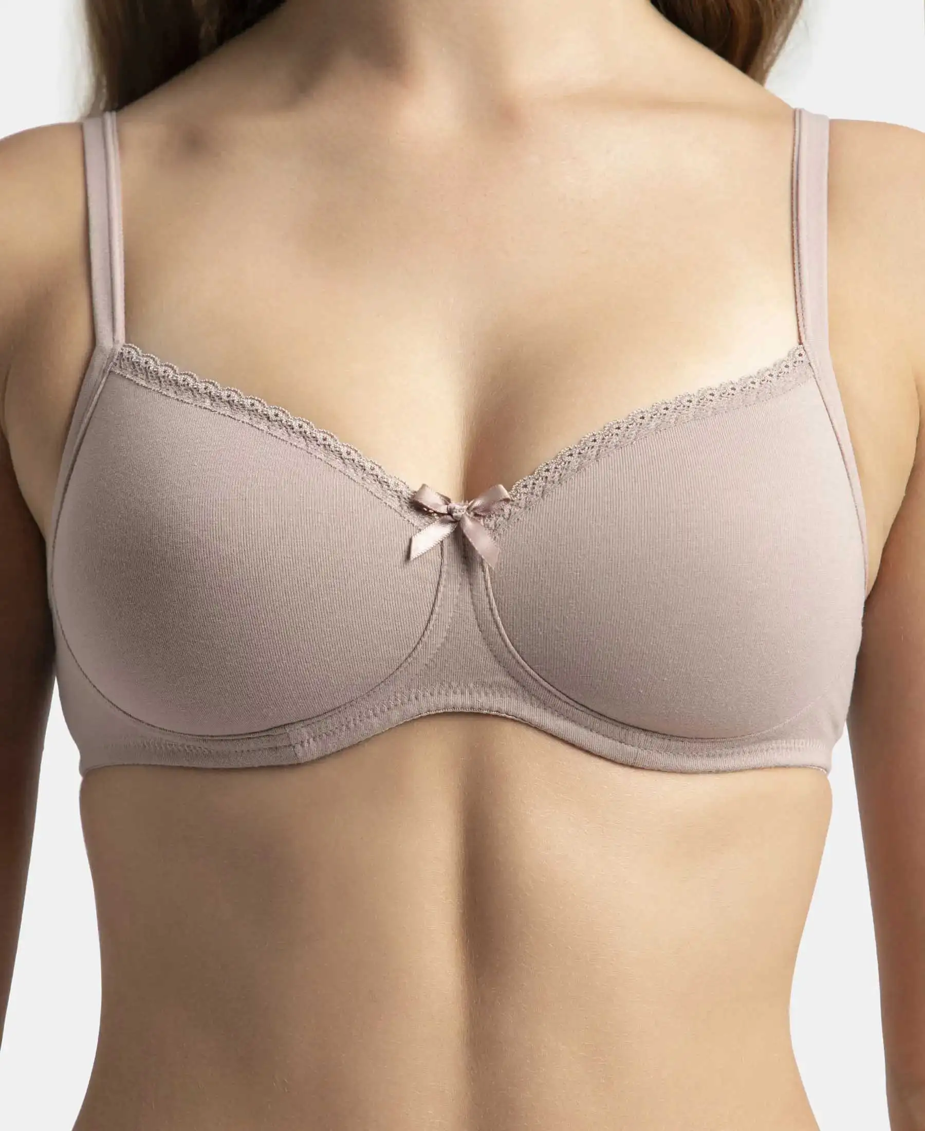 Wirefree Padded Super Combed Cotton Elastane Stretch Medium Coverage T-Shirt Bra with Lace Styling - Mocha - Image 8