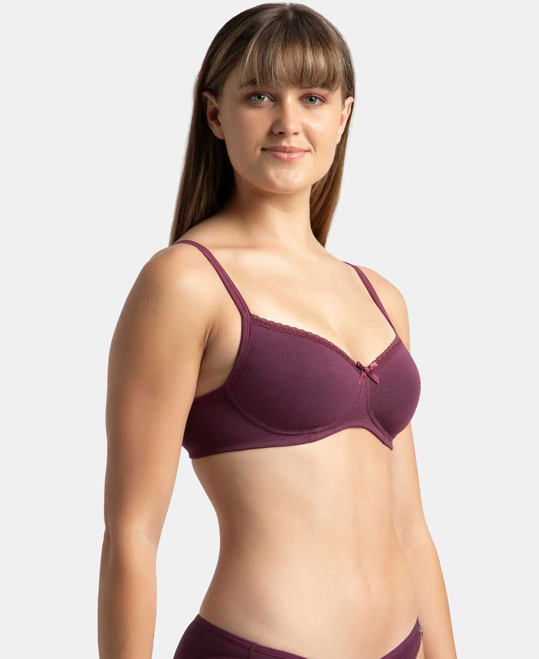 Wirefree Padded Super Combed Cotton Elastane Stretch Medium Coverage T-Shirt Bra with Lace Styling - Prune - Image 6