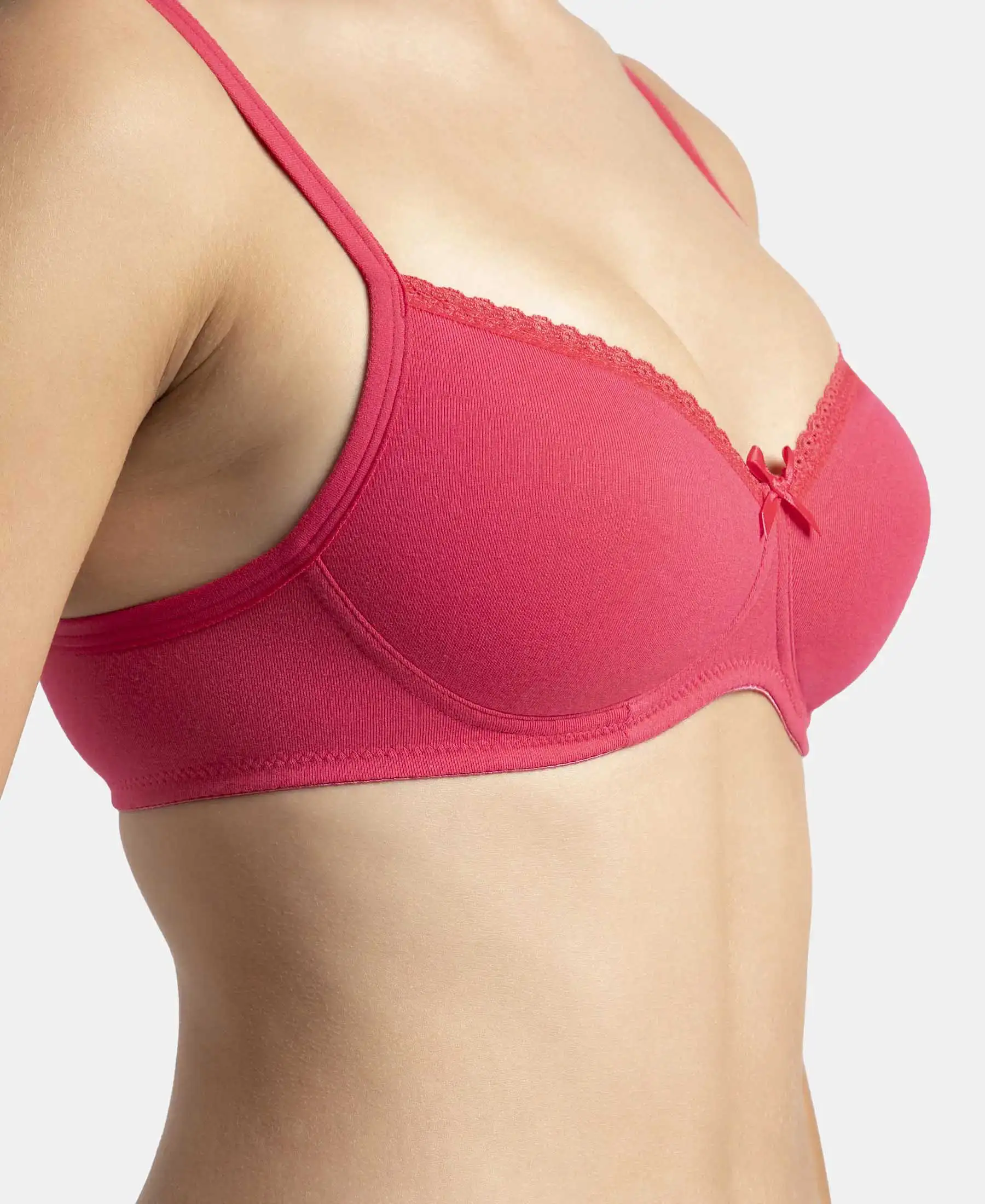 Wirefree Padded Super Combed Cotton Elastane Stretch Medium Coverage T-Shirt Bra with Lace Styling - Ruby - Image 15
