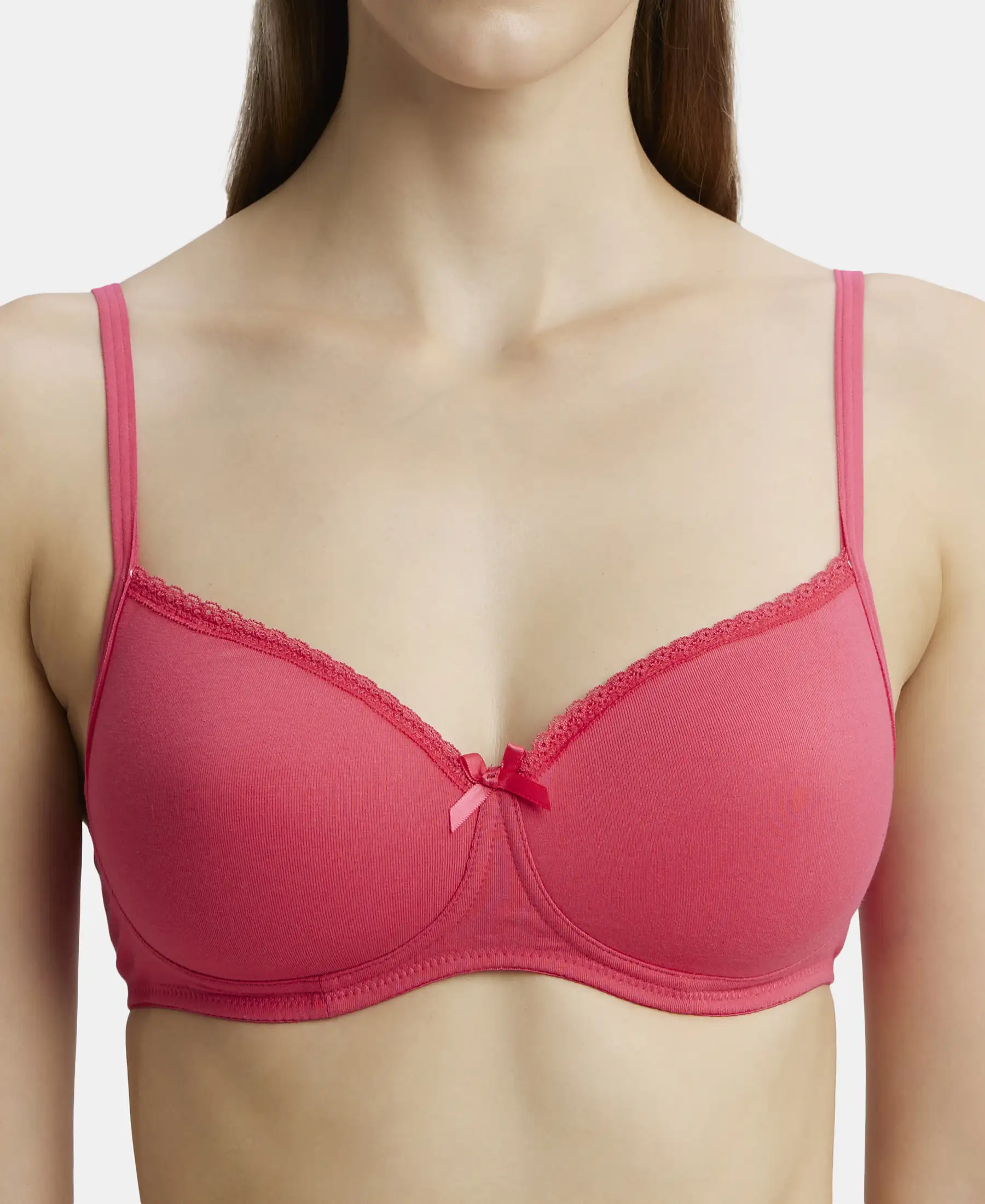 Wirefree Padded Super Combed Cotton Elastane Stretch Medium Coverage T-Shirt Bra with Lace Styling - Ruby - Image 8