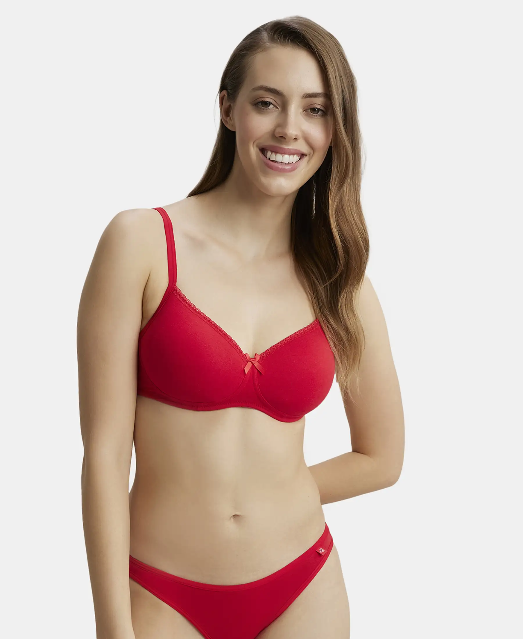 Wirefree Padded Super Combed Cotton Elastane Stretch Medium Coverage T-Shirt Bra with Lace Styling - Sangria Red - Image 5
