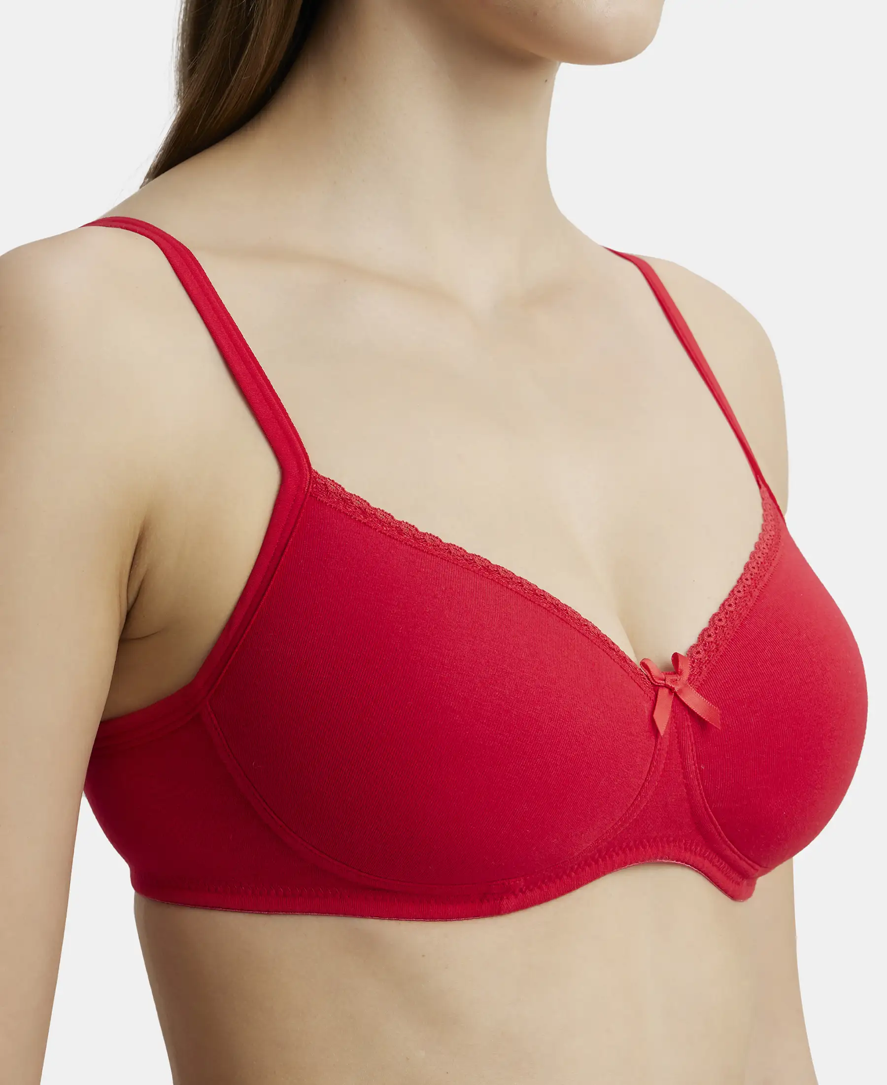 Wirefree Padded Super Combed Cotton Elastane Stretch Medium Coverage T-Shirt Bra with Lace Styling - Sangria Red - Image 6