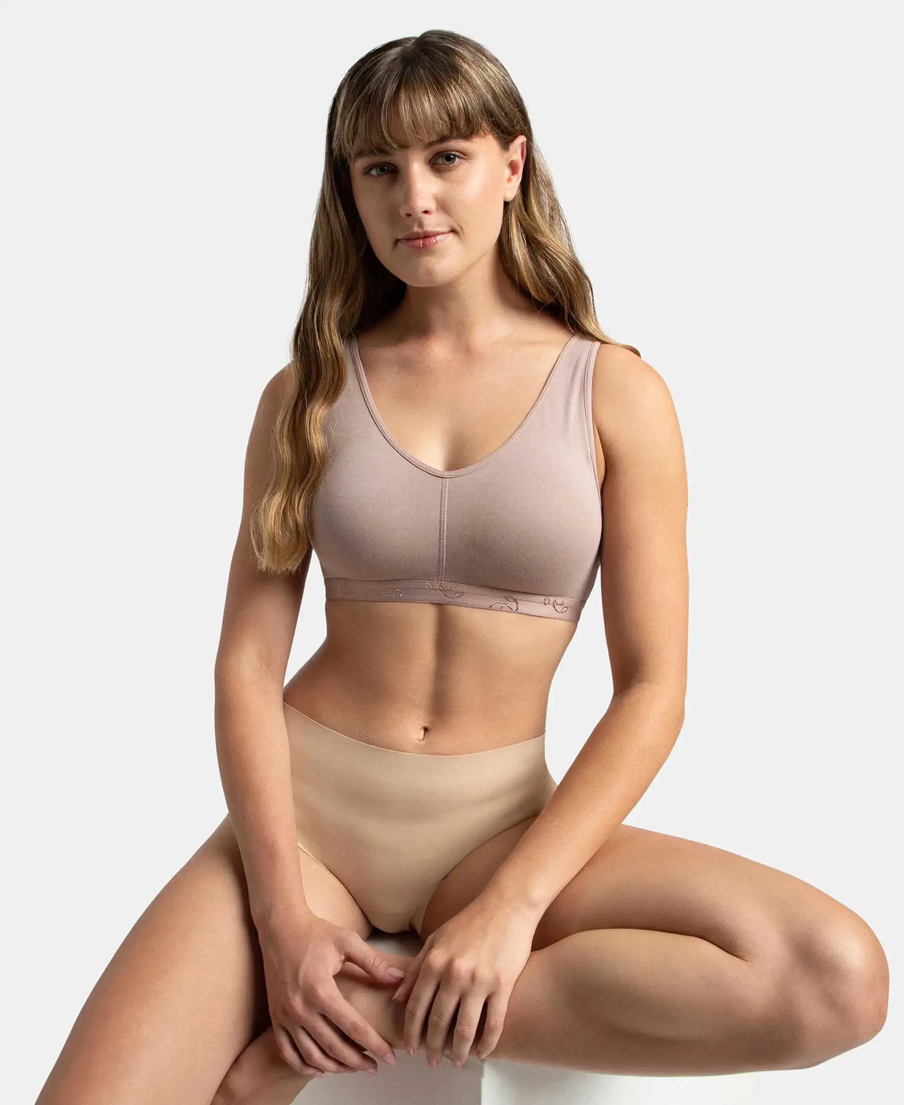 Wirefree Padded Super Combed Cotton Elastane Stretch Full Coverage Lounge and Sleep Bra with Removable Pads - Mocha - Image 5