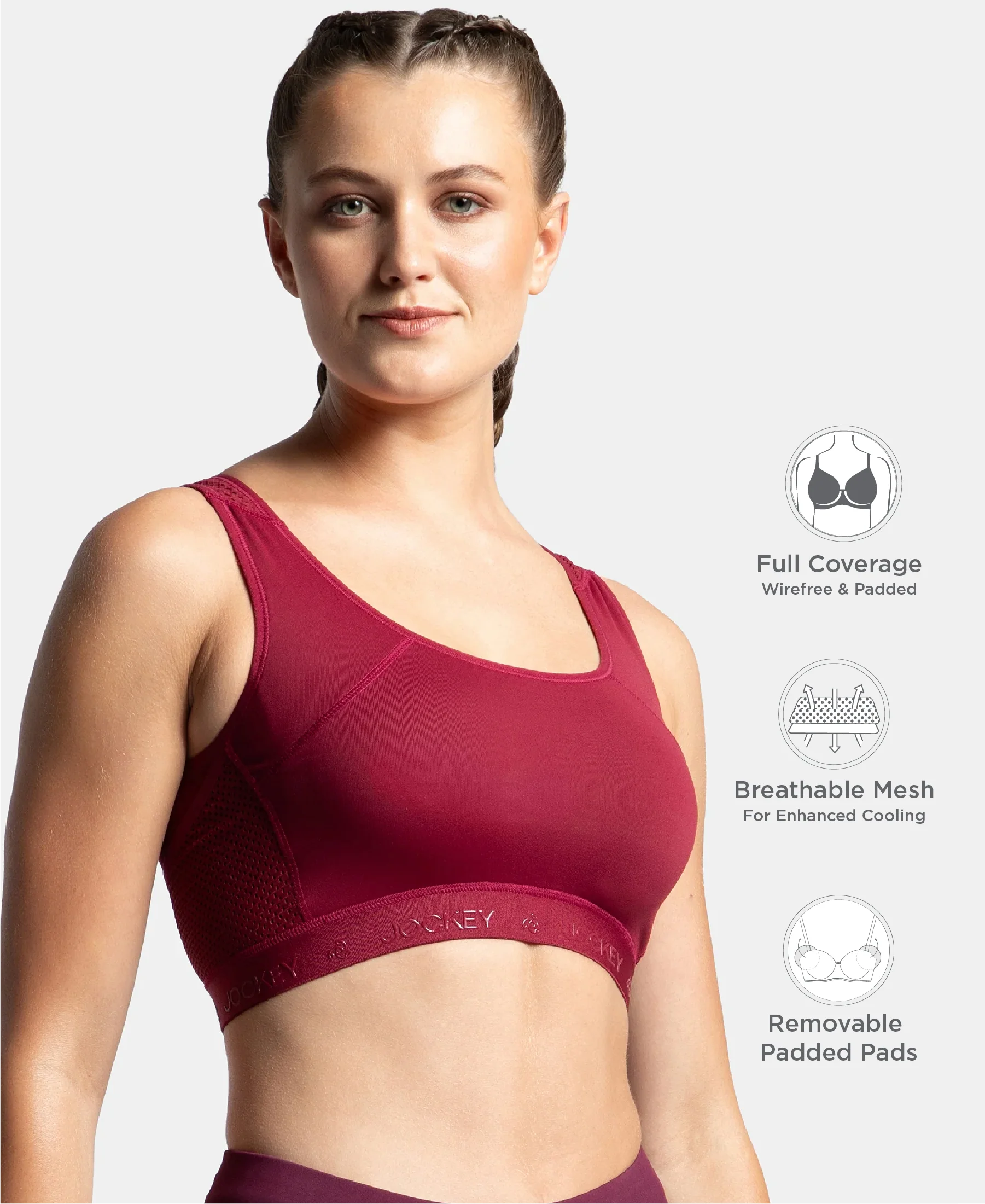 Wirefree Padded Tactel Nylon Elastane Stretch Full Coverage Racerback Styling Sports Bra with StayFresh and StayDry Treatment - Claret - Image 2