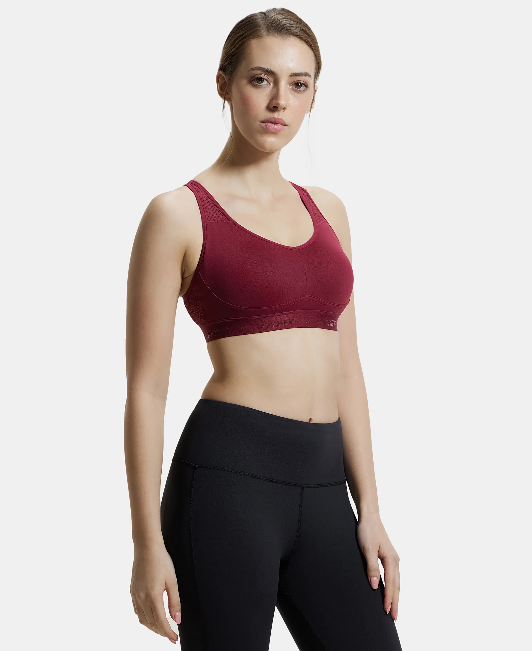 Wirefree Padded Tactel Nylon Elastane Stretch Full Coverage Sports Bra with Optional Cross Back Styling - Claret - Image 6