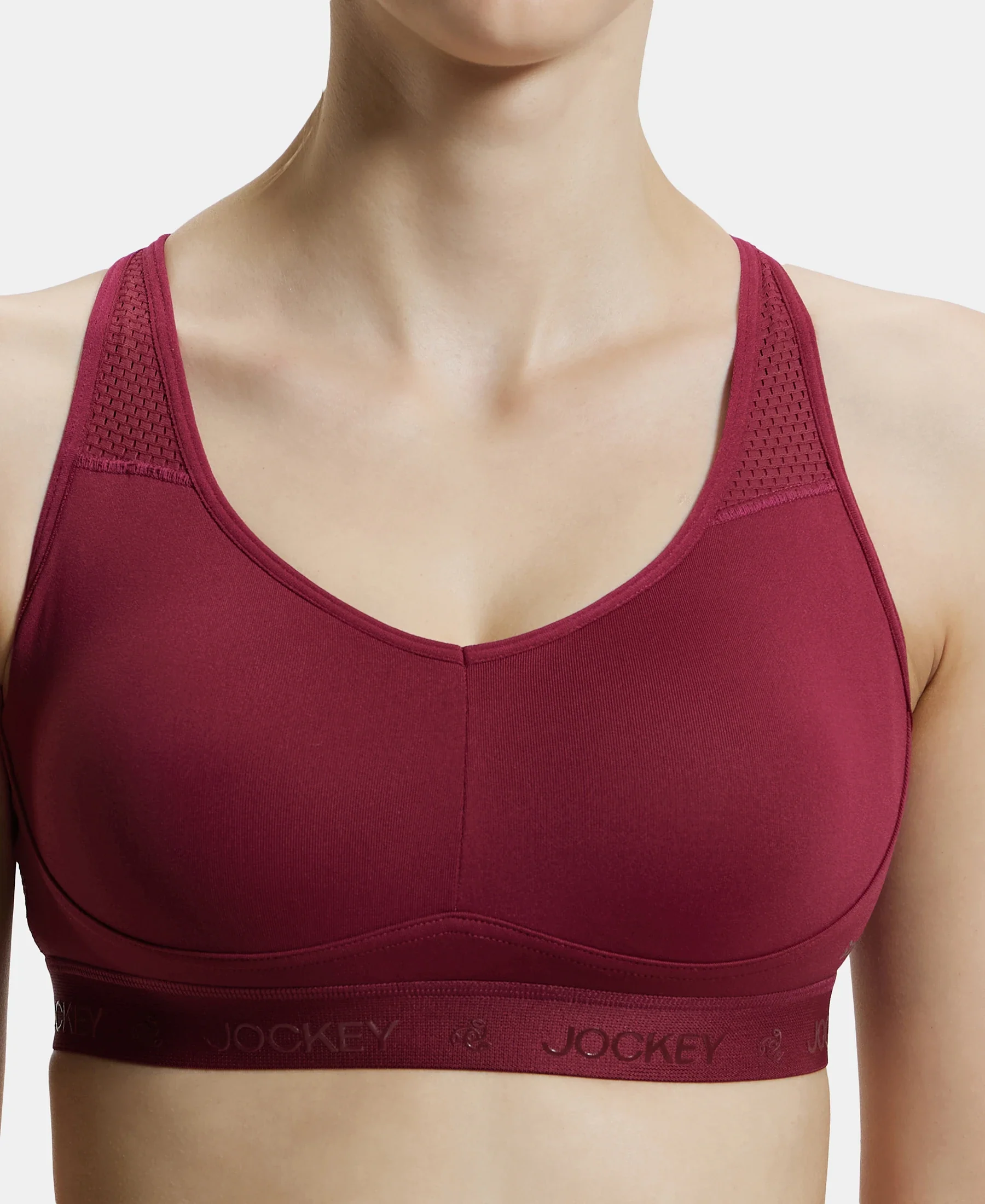 Wirefree Padded Tactel Nylon Elastane Stretch Full Coverage Sports Bra with Optional Cross Back Styling - Claret - Image 8
