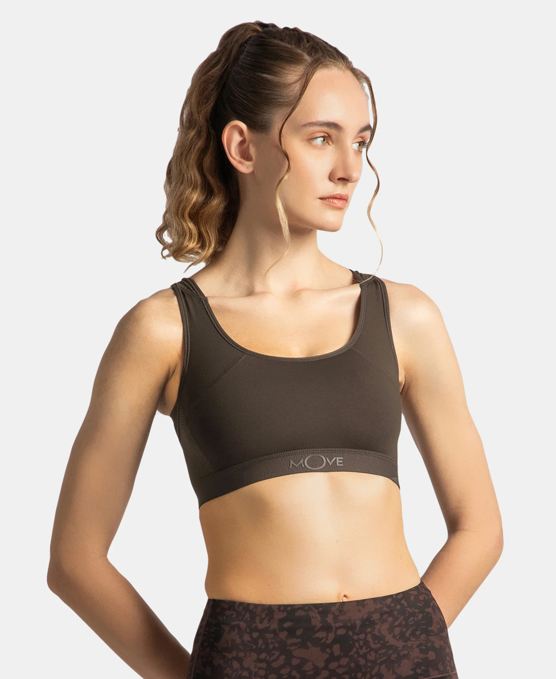 Wirefree Padded Tactel Nylon Elastane Stretch Full Coverage Racerback Styling Sports Bra with StayFresh and StayDry Treatment - Coffee - Image 2