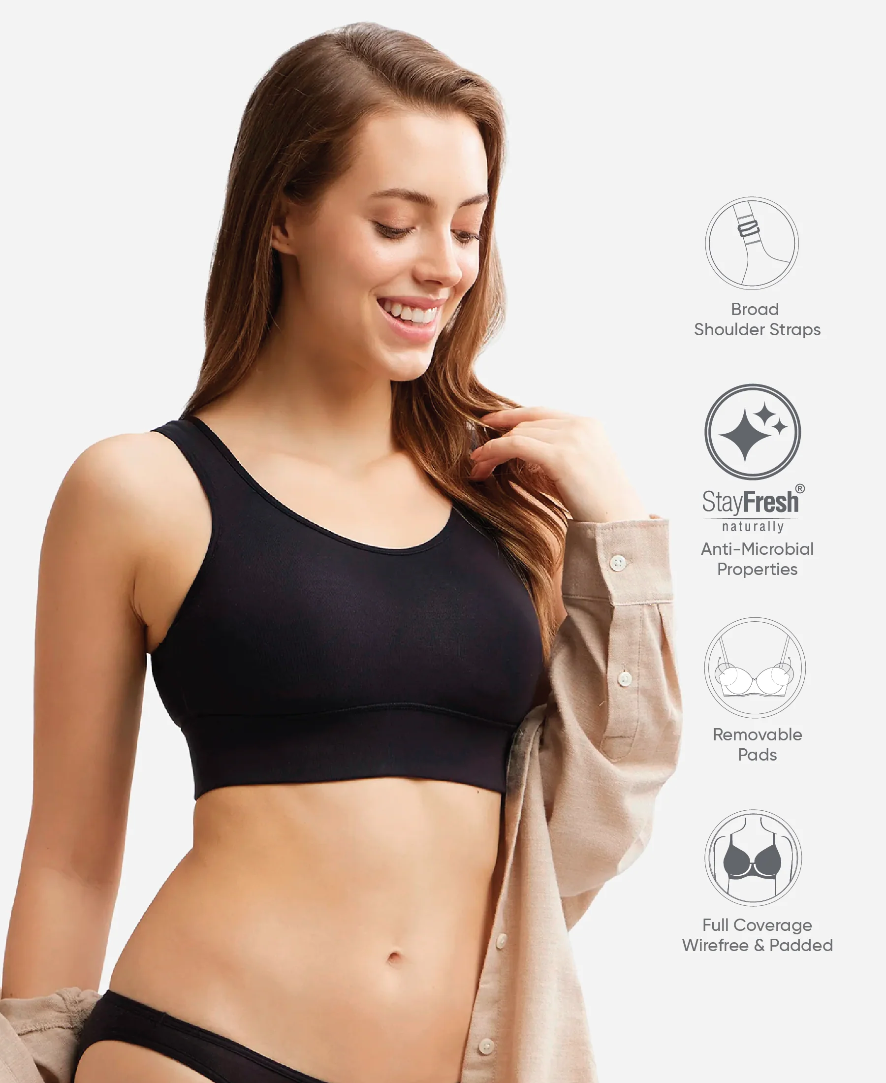 Wirefree Padded Tencel Lyocell Elastane Stretch Full Coverage Lounge Bra with Stay Fresh Properties and Removable Pads - Black - Image 2