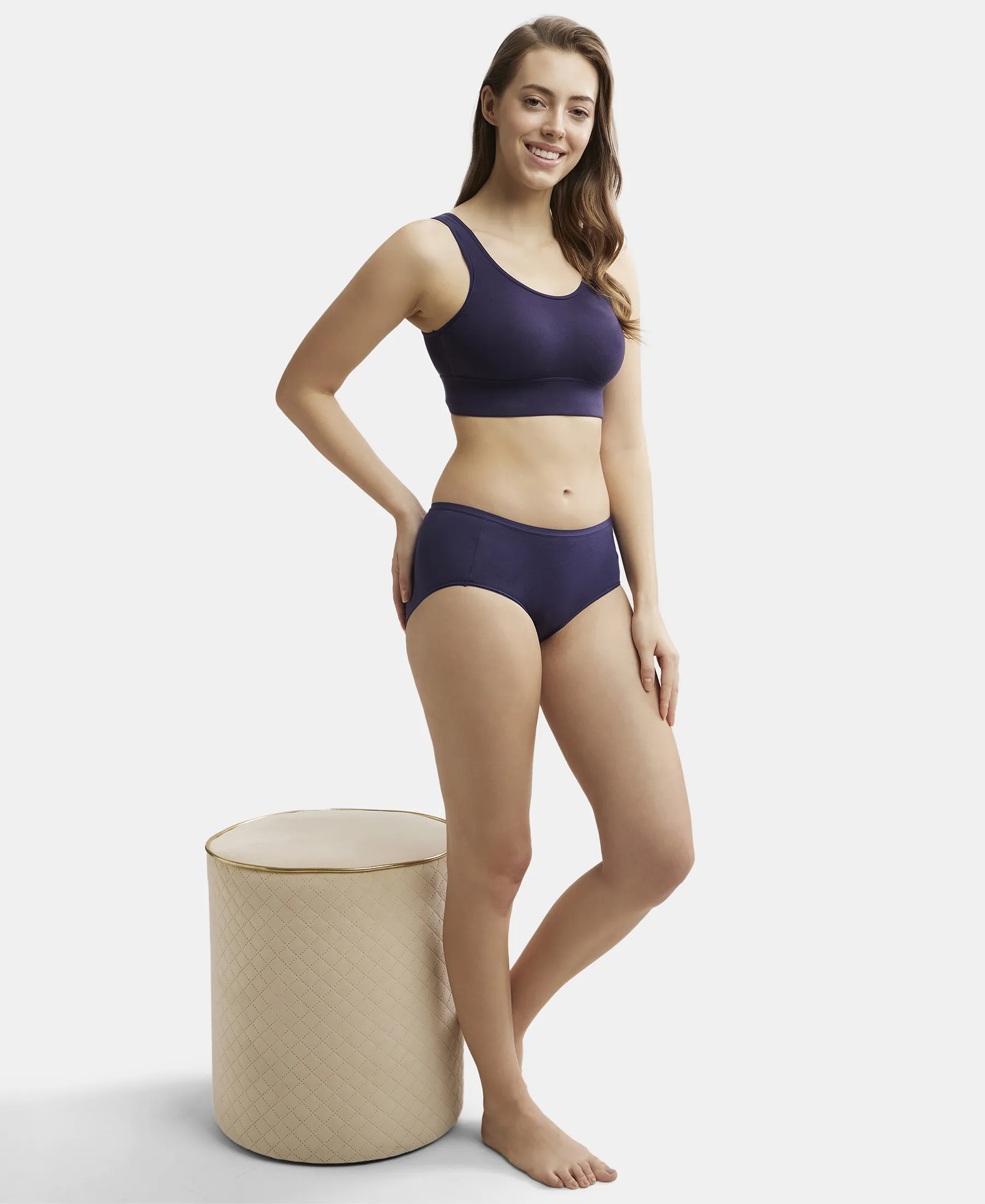 Wirefree Padded Tencel Lyocell Elastane Stretch Full Coverage Lounge Bra with Stay Fresh Properties and Removable Pads - Classic Navy - Image 7